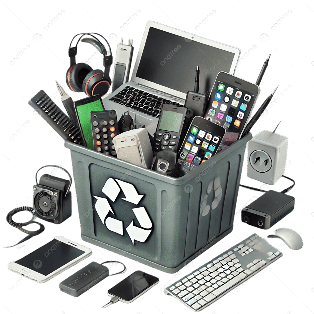 pngtree a recycling bin overflowing with old electronics including laptops smartphones headphones png image 20759110